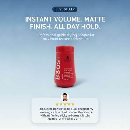 Red bottle of styling powder with text on a blue background