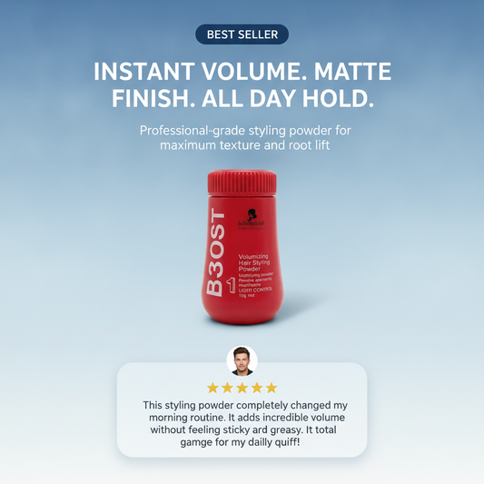 Red bottle of styling powder with text on a blue background