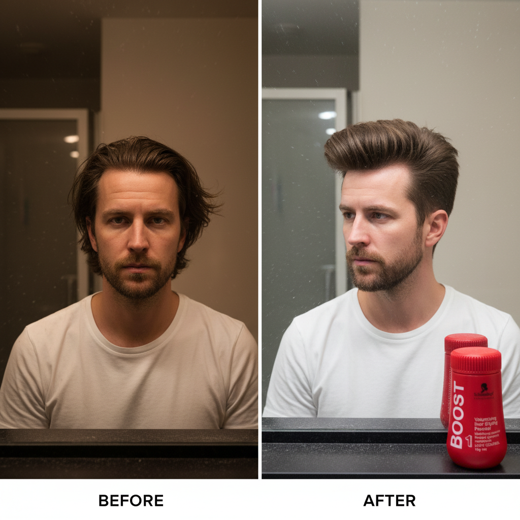 Before and after comparison of a man with hair products on a counter.