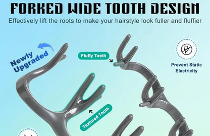 Hairbrush with forked wide tooth design on a light blue background