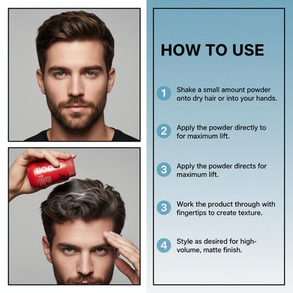Instructions on how to use a hair product with a man applying it and text detailing the steps.